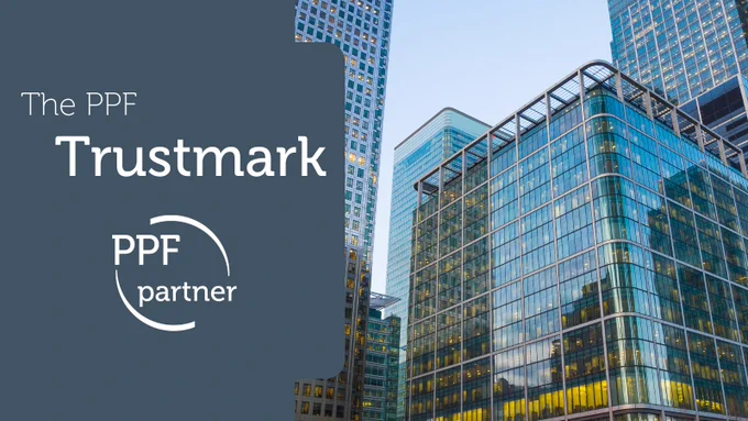 Office buildings with text overlay that reads: The PPF Trustmark and the PPF Trustmark badge. 
