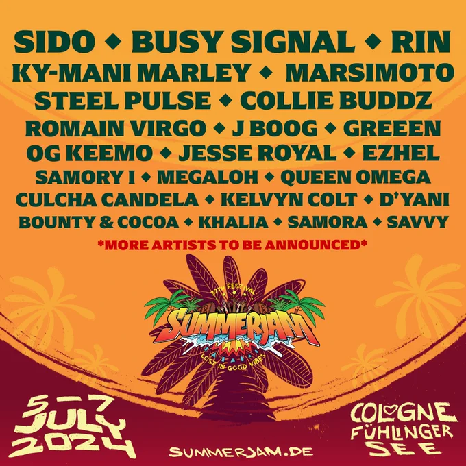 Die ersten Artists für das Summerjam 2024 stehen fest: Mit dabei sind Sido, Busy Signal, Rin, Ky-Mani Marley, Marsimoto, Steel Pulse, Collie Buddz und viele weitere. Summerjam Festival vom 05.-07. Juli am Fühlinger See in Köln. 