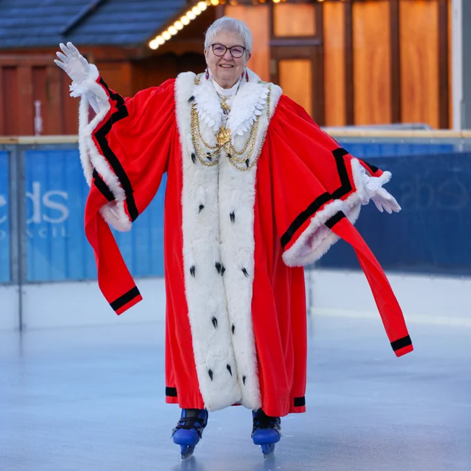 The Lord Mayor of Leeds, Councillor Al Garthwaite on skates on the ice rink at Ice Cube at Christmas at Millennium Square.