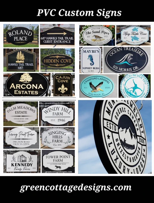 Solid PVC Custom Carved Outdoor Signs for Business & Residential

About these signs:
¾" thick Solid PVC Signs
Engraved, painted lettering & designs
Gloss finish
Waterproof signs!
Computer previews are provided for customer approval!

Copy this link & Shop online at Etsy:
https://www.etsy.com/shop/greencottagedesign

A USA Company!
We ship everywhere