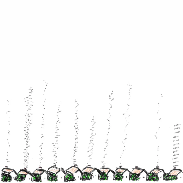Joahna Kuiper / Better Images of AI / Little data houses (square) / CC-BY 4.0

A hand drawn sketch in coloured pens depicts a small uniform row of houses at the bottom of the picture. From each of the houses, 0s and 1s representing digital data are floating up in plumes which look like smoke from the chimneys of the houses; but these are not uniform, therefore representing the different types of data from each house.