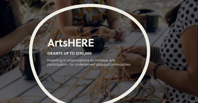 “ArtsHere. Grants up to $130,000. Investing in organizations to increase arts participation for underserved groups/communities.” in white text over a blurred image of light-skinned women weaving hay at a picnic table. The text is framed on the top by a white sphere.