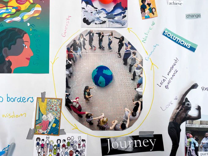 Collage created by participants in Shared Ground Fund exploratory session - features images of togetherness and words written in, including: journey, love, freedom, community, solutions and change.