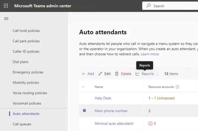 A screeenshot of Teams admin center showing the summary page for Auto Attendants and the new button for navigating to the reports for the selected instance.