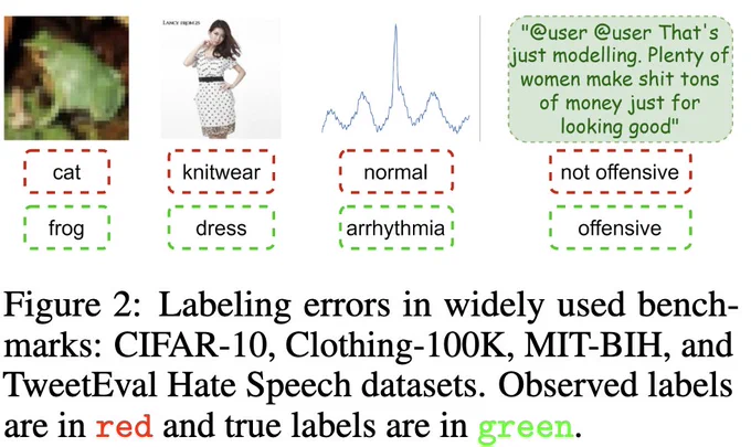 Labeling errors in widely used benchmarks: CIFAR-10, Clothing-100k, MIT-BIH and TweetEval Hate Speech datasets.