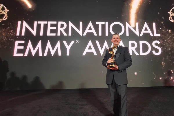 Stephen Paniccia, pictured with his Emmy Award at the 2023 International Emmy Awards in New York.