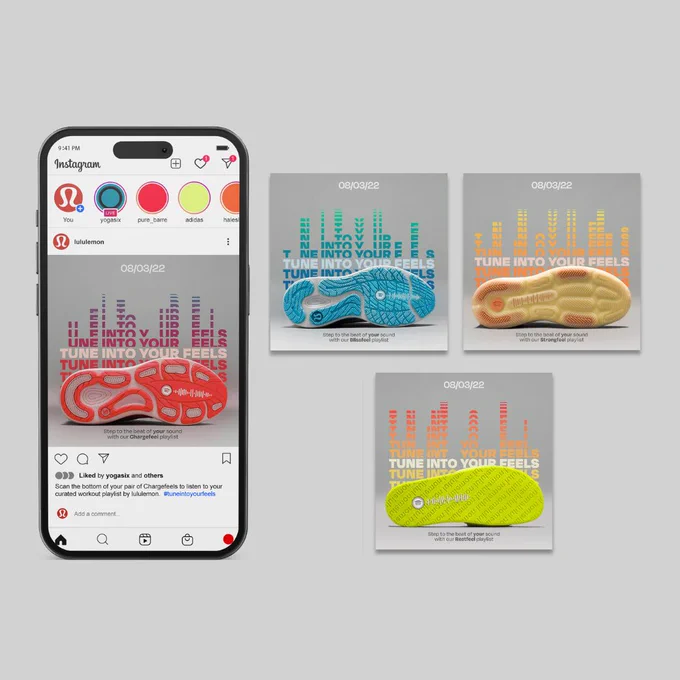 An Instagram mock-up of the poster for the campaign that has a sole on the bottom and a test on top that reads 'Tune into your Feels' cascading mimicking a beat. 