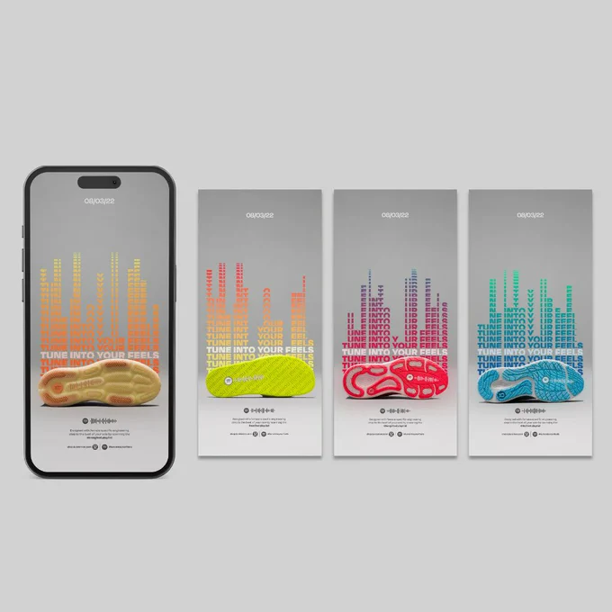 A mobile mock-up of the poster for the campaign that has a sole on the bottom and a test on top that reads 'Tune into your Feels' cascading mimicking a beat. 