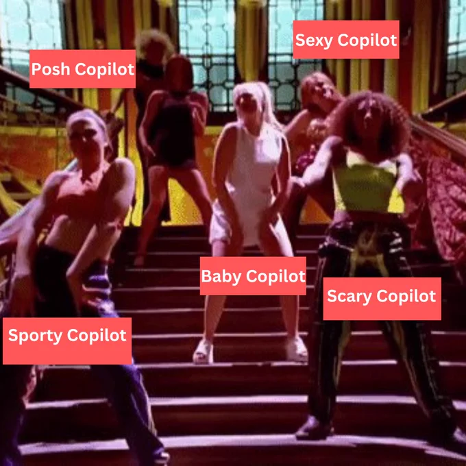 An image depicting five animated characters representing a twist on the Spice Girls, each with a unique style. They are standing on a staircase. Starting from the top, the first character, inspired by "Sporty Spice," is labeled as "Sporty Copilot," showcasing an athletic look. The second, a playful and youthful character inspired by "Baby Spice," is labeled "Baby Copilot." The third, exuding charm and elegance akin to "Ginger Spice," is named "Sexy Copilot." The fourth, with a bold and fierce style reminiscent of "Scary Spice," is labeled "Scary Copilot." Finally, the fifth character, inspired by "Posh Spice," exudes sophistication and is labeled "Posh Copilot." Each character embodies the essence of their Spice Girls counterpart while being uniquely stylized as a "copilot."