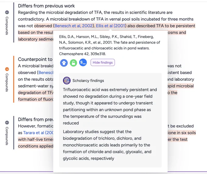 The citation statement reads:

Regarding the microbial degradation of TFA, the results in scientific literature are contradictory. A microbial breakdown of TFA in vernal pool soils incubated for three months was not observed (Benesch et al, 2002). Ellis et al (2001) also described TFA to be persistent based on the results obtained from degradation studies in field aquatic microcosms and laboratory sediment-water systems. 

The findings of Ellis et al reads:

Trifluoroacetic acid was extremely persistent and showed no degradation during a one-year field study, though it appeared to undergo transient partitioning within an unknown pond phase as the temperature of the surroundings was reduced
Laboratory studies suggest that the biodegradation of trichloro, dichloro, and monochloroacetic acids leads primarily to the formation of chloride and oxalic, glyoxalic, and glycolic acids, respectively