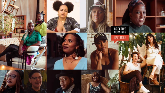 A collage of 11 portraits of CreativeMornings Baltimore speakers from 2023 with the CreativeMornings logo.