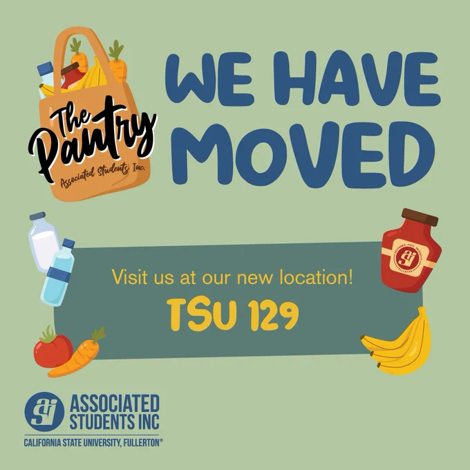 Green graphic including a water bottle, banana, apple, and carrots saying “The Pantry. We have moved. Visit us at our new location! TSU 129”