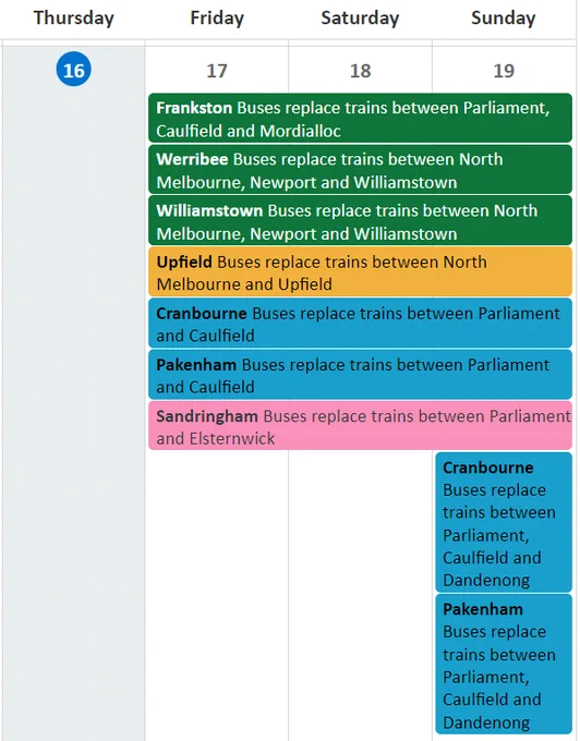 Metro works calendar showing works on numerous lines from Friday night
