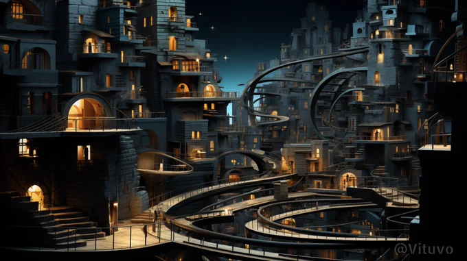 🔹Cityscape at twilight, buildings aligned with Golden Ratio spiral, dynamic lighting, high contrast --ar 16:9 --s 250