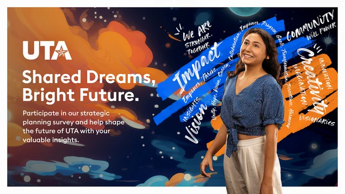 A navy and orange graphic that has a female student on the right surrounded by positive words written in white marker. The text "Shared Dreams, Bright Future" appears on the left.