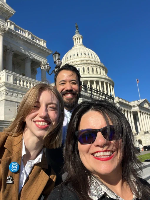 President Jeanette Moreno King, Seargent-At-Arms Danny Ducker and AI Task Force member Sam Tung in front of the White House.