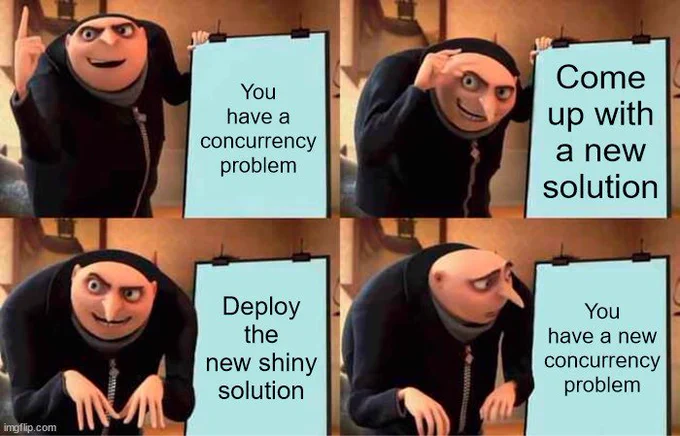 Gru meme that says
"You have a concurrency problem"
"Come up with a new solution"
"Deploy the new shiny solution"
"You have a new concurrency problem"