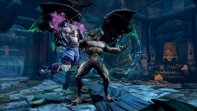 A screenshot of Killer Instinct in 4K definition showing Gargos (a gargoyle-like creature), lifting Jago (a man wearing blue pants and a metallic mask) by his neck.
