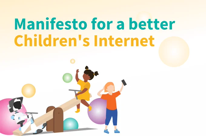 Manifesto for a better Children's Internet image featuring two children. One using a smart phone; another on a seesaw with a robot.
