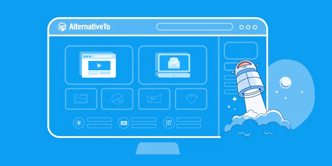 A blue background, with an illustration representing a web browser with the AlternativeTo.net website, and our A2 mascot in the bottom-right corner.