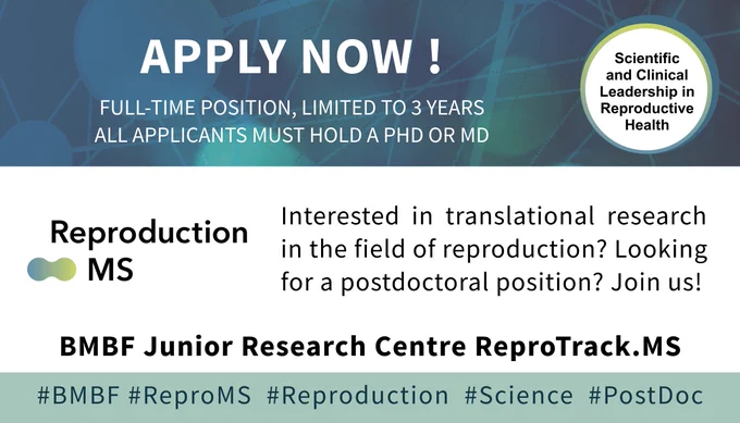 Interested in translational research in the field of reproduction? The translational project is part of the BMBF-funded Junior Scientist Research Centre ‘ReproTrack.MS’  and it will be carried out in collaboration of the groups of Timo Strünker (Centre for Reproductive Medicine and Andrology, CeRA) and Christos Gatsogiannis (Institute of Medical Physics and Biophysics). ReproTrack.MS offers not only an ideal environment for collaborative research, but also excellent career development opportunities.
Applicants must have a PhD in Biology, Chemistry, Physics or a similar scientific field.