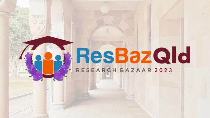 Research Bazaar Queensland 2023 logo over a photo of the Great Court passageway at The University of Queensland.