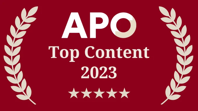Text: APO Top Content 2023. Icons of wreath leaves on either side and 5 stars under the text. 