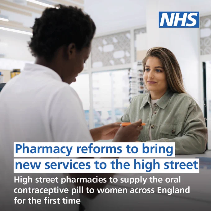 Photo: A young woman is being served by a someone in a pharmacy. Text reads: Pharmacy reforms to bring new services to the high street. High street pharmacies to supply the oral contraceptive pill to women across England for the first time.