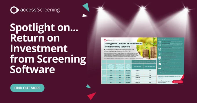 Text reads "Spotlight on... Return on Investment from Screening Software. Find out more" Next to an image of mockup of downloadable content.