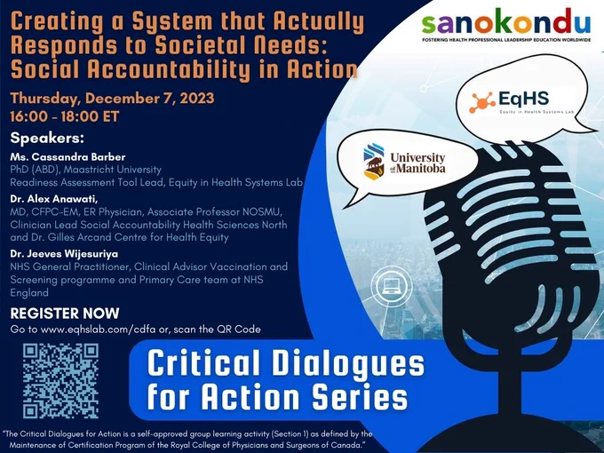 Poster with QR code and panelist information for "Creating a system that actually responds to societal needs - social accountability in action" on Dec 7, 2023 from 1600-1800.