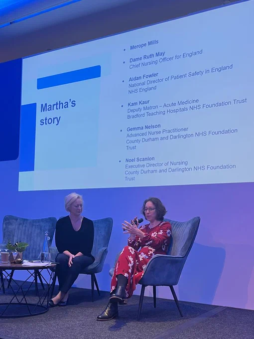 Dame Ruth May and Merope Mills on stage at CNO Summit 2023