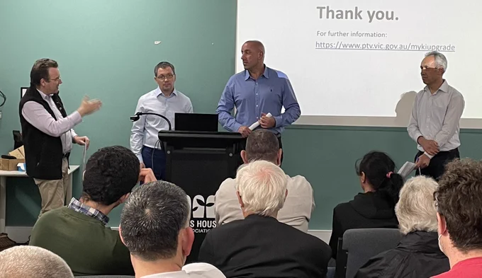 PTUA's Tony Morton (left) and Daniel Bowen (right) with representatives from new Myki operator Convergint CVTS