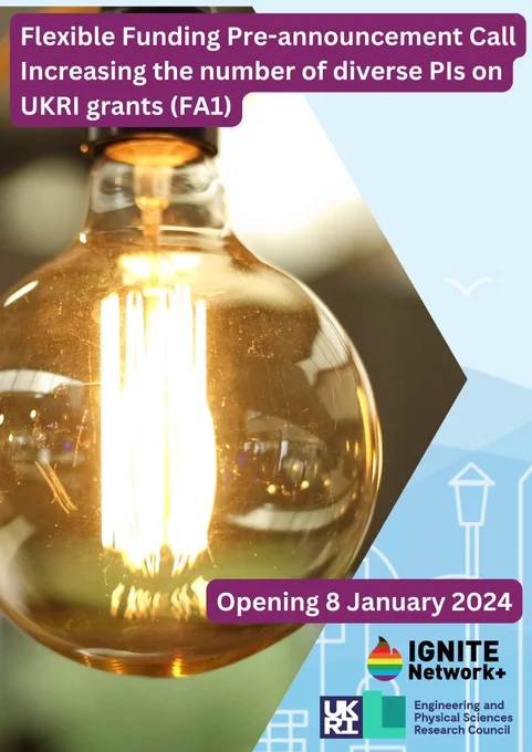 Flexible Funding Pre-Announcement Call: Increasing the numbers of diverse PIS on UKRI Grants (FA1): Opening 8 January 2024.