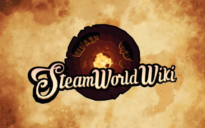 The official SteamWorld Wiki logo, which is a parody of the wikipedia logo (showing the exploded earth from the game SteamWorld Heist instead of wikipedia's iconic puzzle globe), is placed on background that looks very old, kinda as if someone has spilled lots of coffee over it.