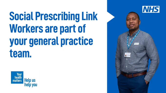 A picture of a social prescribing link worker wearing an NHS Badge. The words read: social prescribing link workers are part of your general practice team.