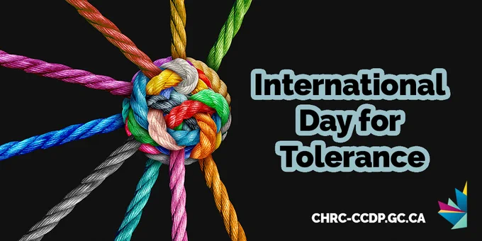 Image of rainbow coloured knotted rope. Text: International Day for Tolerance. 
