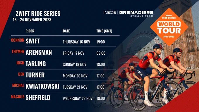 Zwift ride series graphic, highlighting that you can ride with Connor Swift tonight at 19:00 GMT.