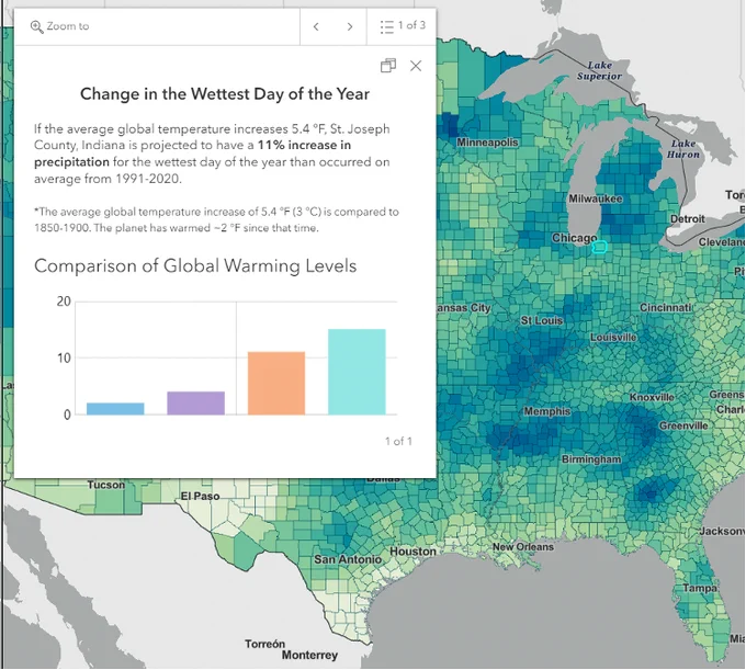 Screenshot of the NCA Atlas Change in the Wettest day of the Year tool.