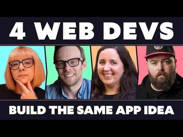 title card for the episode. it says “4 web devs build the same app idea” and includes Salma, Scott, Eve, and Jason’s photos