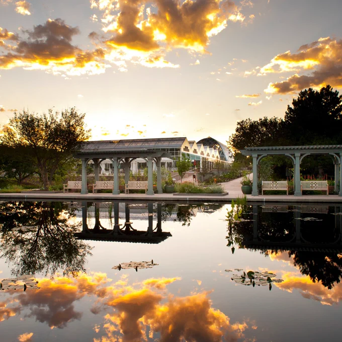 A sun rises from behind a wooden pavilion and shines warm, orange light onto some clouds that reflect back onto a dark pond.