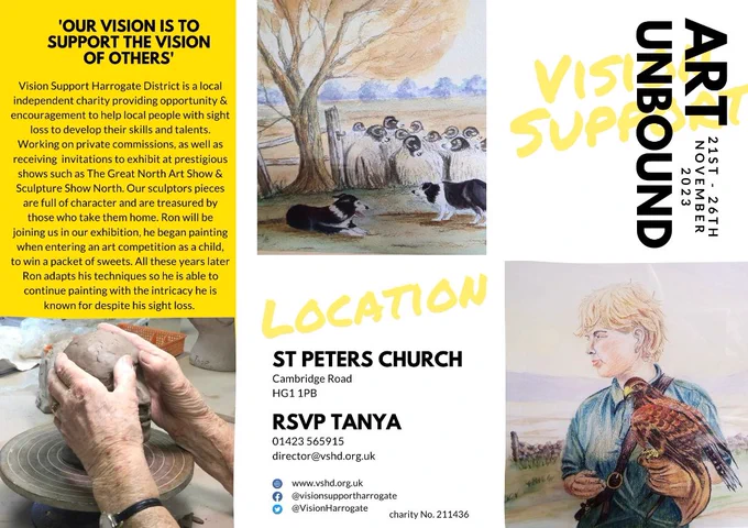 Leaflet front with images of farming life and person sculpting a clay head
