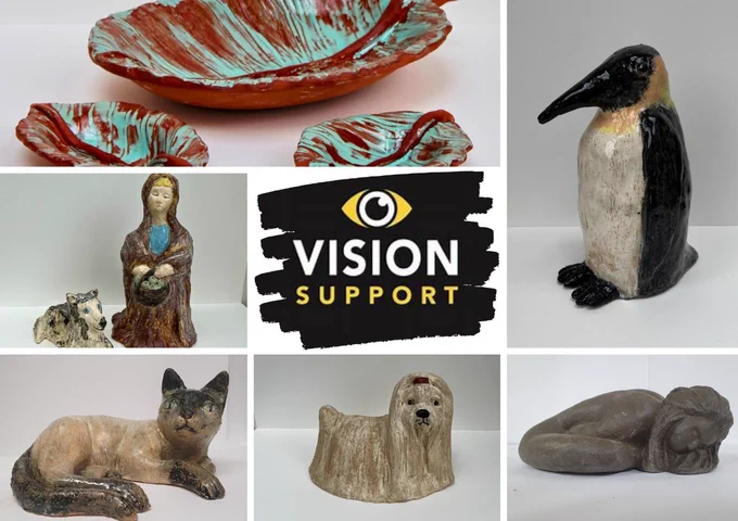 Sculptures including cat, dog, penguin, figurines, and leaf bowls.