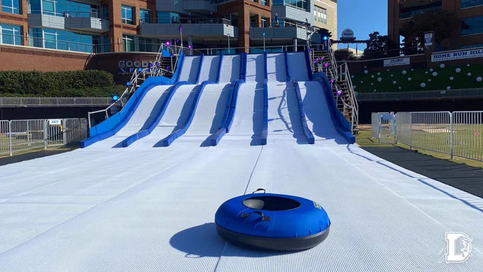 The slide at Durham Bulls Athletic Park set up for Wool E. Bull's Winter Wonderland.