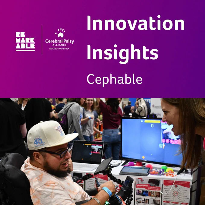 purple gradient background with white text that says Innovation Insights. White CPARF and Remarkable logos. A photo of two people demo-ing Cephable’s software.