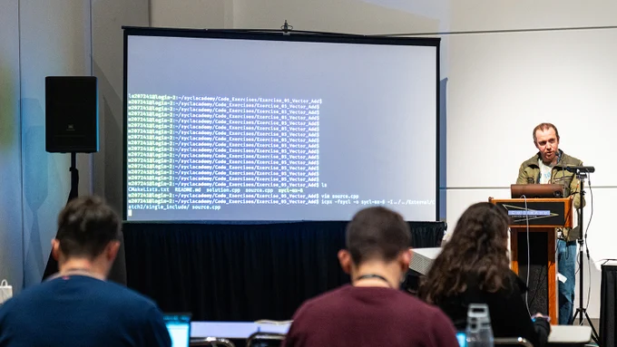 Thomas Applencourt leads a SYCL tutorial at SC23.