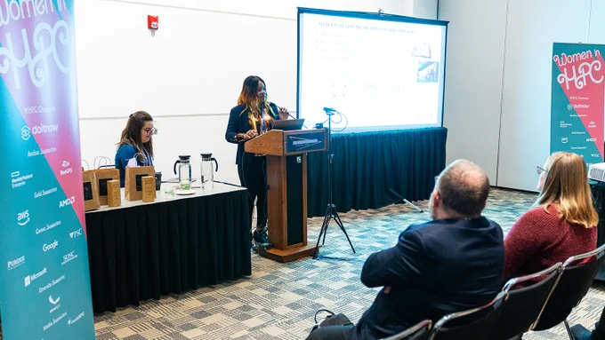 Nwamaka Okafor gives at talk at the Women in HPC Workshop at SC23.