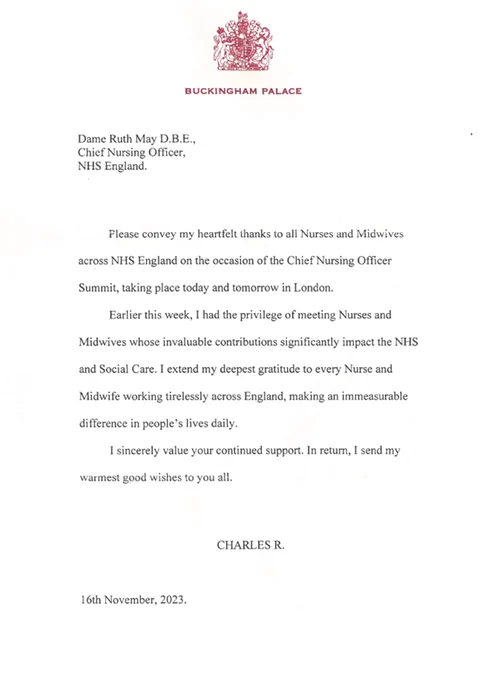 Letter of thanks from the King to all nurses and midwives in England