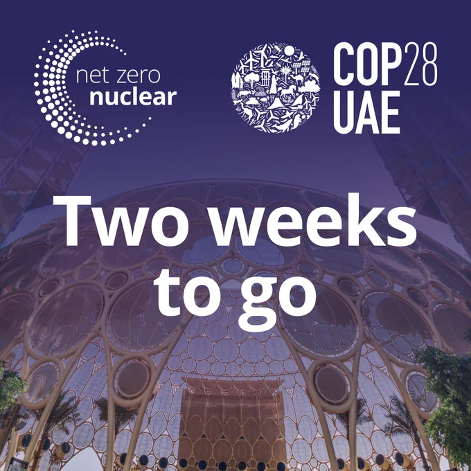 Net Zero Nuclear and COP28 UAE logos with caption "two weeks to go"