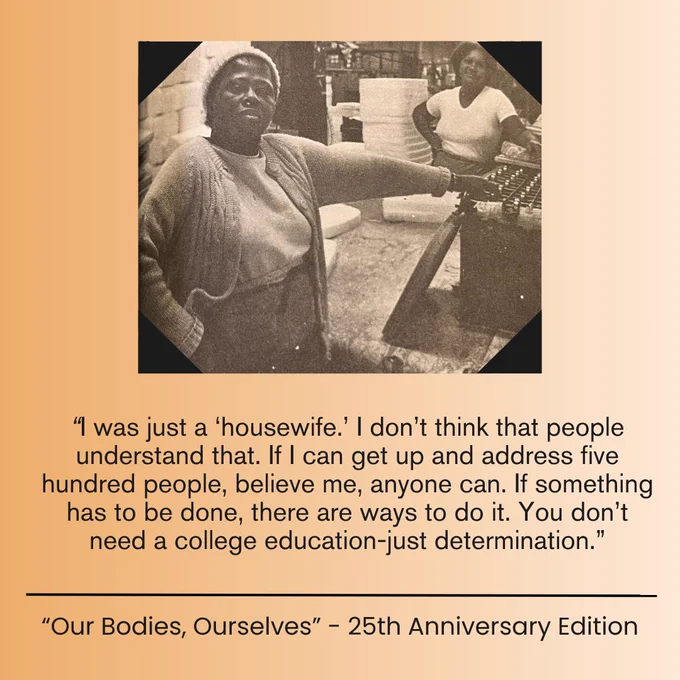 Photograph of black woman posed confidently, while propping herself up on a factory machine, with another woman doing the same in the back.
“I was just a ‘housewife,’ I don’t think people understand that. If I can get up and address five hundred people, believe me, anyone can. If something has to be done, there are ways to do it. You don’t need a college education, just determination.”