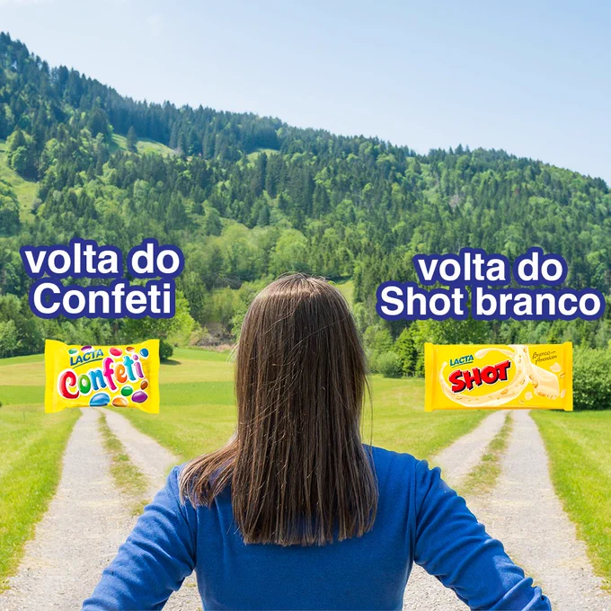 Imagem de uma mulher de costas olhando para dois caminhos: no da esquerda temos a volta do Confeti e no da direita a volta do Shot Branco. 